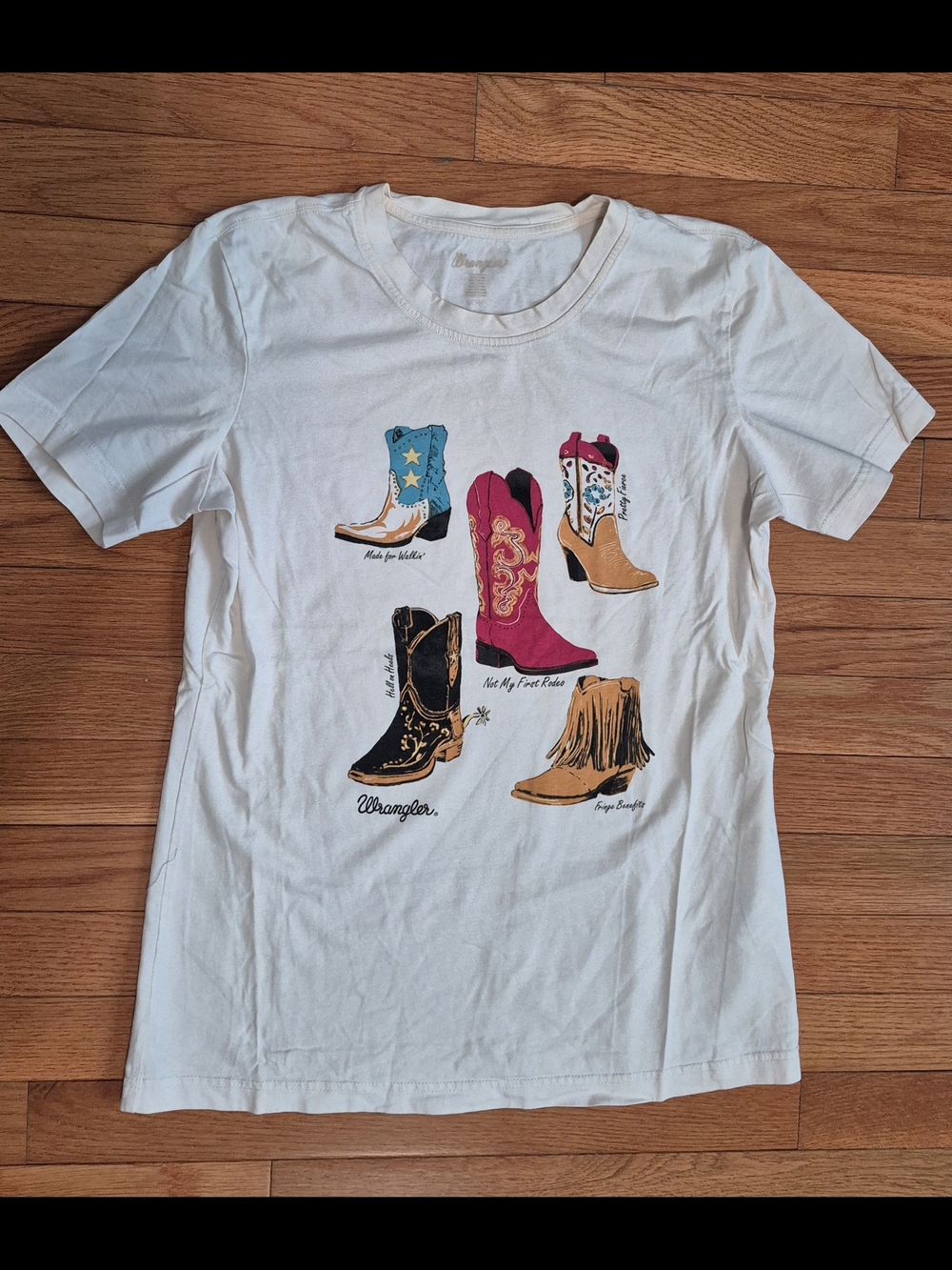 Wrangler White Tee with Colorful Cowboy Boot Graphics - 100% Cotton - EUC